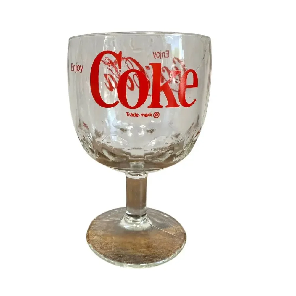 Vintage Red Coca-Cola Coke Thumbprint Pedestal Stem Glass Soda Goblet 16 Oz
